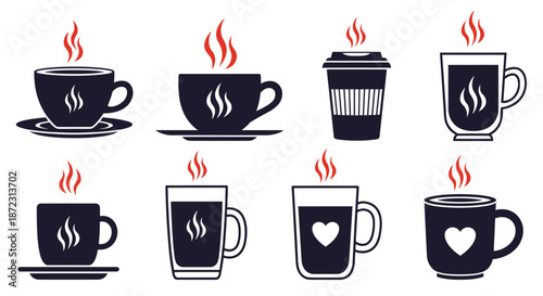 Grid of eight stylized black icons representing different types of coffee cups and mugs with rising red steam symbols.