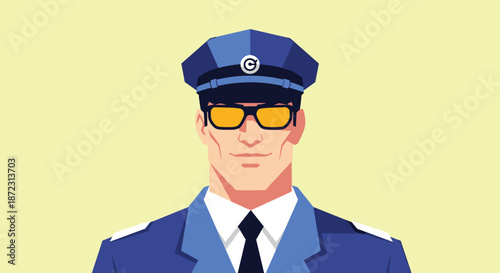 Portrait of a confident male police officer in a blue uniform wearing yellow tinted sunglasses against a pale yellow background.