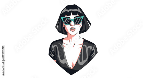 Stylized illustration of a fashionable woman with short black hair wearing green cat-eye sunglasses and a black v-neck dress.