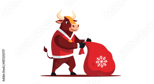 Cartoon bull character dressed in a red Santa Claus outfit holding a large red gift bag with a white snowflake on it.