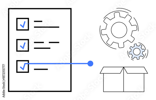Workflow, productivity, business processes, task organization, packaging, and technology. a checklist, gears and a box. Workflow and productivity concept