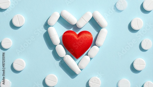 Red heart surrounded by white pills evokes cardiovascular care, medical support, and health awareness symbolism