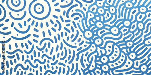 Abstract blue and white pattern with swirling lines and organic shapes