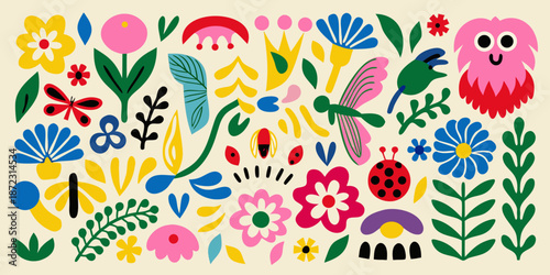 A playful illustration featuring colorful flowers whimsical creatures and abstract shapes