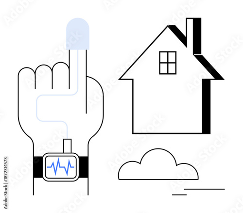 Remote healthcare, smart devices, telemedicine, health monitoring, home automation, wearable technology. Hand wearable medical device, house and cloud. Remote healthcare and smart devices concept
