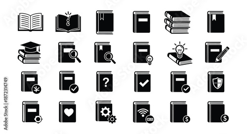 Collection of black silhouette icons representing education knowledge and learning concepts