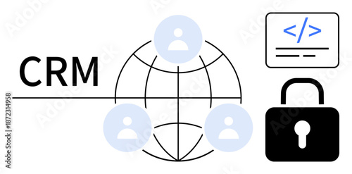Customer relationship management, cybersecurity, data protection, software development, digital connectivity, networking. CRM text, globe with user icons coding and lock image. Cybersecurity