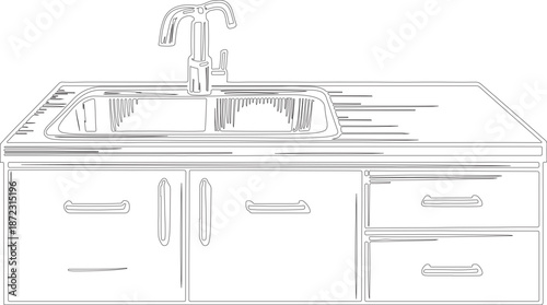 set of kitchen utensils or kitchen set sketch art hand drawn geometric lines.