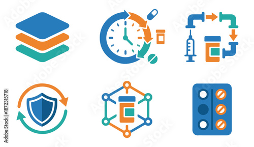 Abstract graphic illustrations of healthcare business and scientific concepts