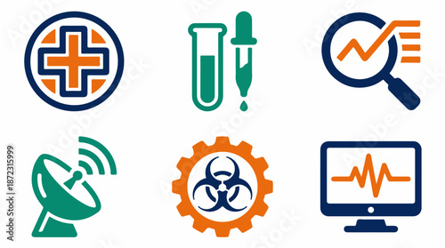 Medical icons cross test tubes magnifying glass antenna gear monitor