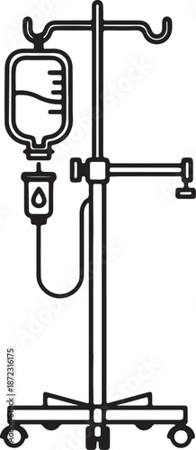 Medical IV Drip Stand Line Art Icon Vector Illustration – Hospital Intravenous Therapy Saline Bag on Pole with Wheels Outline Design for Healthcare and Clinic Concepts