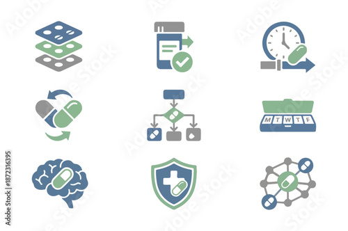 Medical icons pills bottles and health symbols on black background