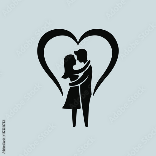 Romantic couple hugging silhouette inside heart shape vector illustration icon