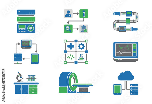 Medical technology icons set illustrating healthcare and diagnostics