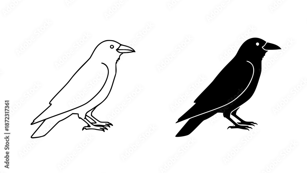 Fototapeta premium Two stylized illustrations of birds in profile view one in outline form and the other in solid black on a white