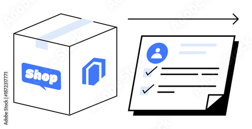 Cardboard box with e-commerce shop branding and checklist detailing customer profile, delivery progress, and item verification. Ideal for online shopping, logistics, order tracking, shipping