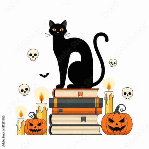 Black Cat on Stack of Books with Halloween Pumpkins and Candles.