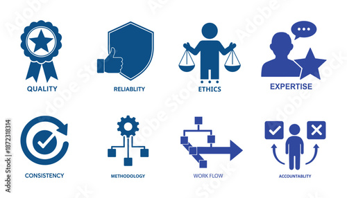 Illustration of blue business icons set including quality, reliability, and expertise