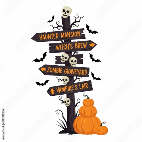 Halloween Directional Signpost with Skulls and Pumpkins.