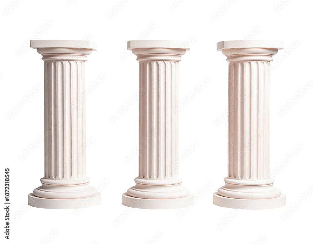 Naklejka premium Three classical, fluted columns, rendered in a soft, cream color, set against a transparent background