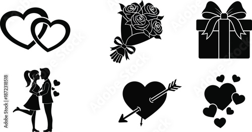 Collection of essential black and white romantic icons featuring interconnected hearts a loving couple a gift and an arrow piercing a heart