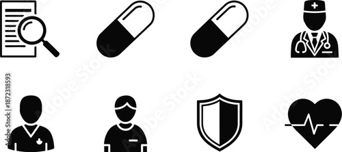 Collection of eight black and white glyph icons representing essential medical healthcare concepts and professional services clearly displayed