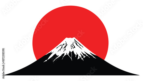 Illustration of vector illustration of mount fuji with a rising red sun behind it