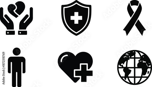 Collection of essential black and white silhouette icons representing global health care charity awareness and patient support