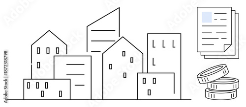 Real estate, urban planning, investment, property management, finance, construction. Minimalist city buildings, documents and coins. Real estate and urban planning concept