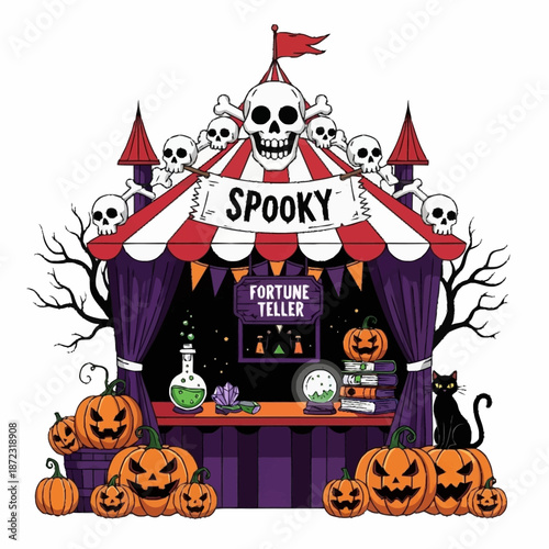 Spooky Halloween Fortune Teller Booth with Pumpkins and Skeletons.