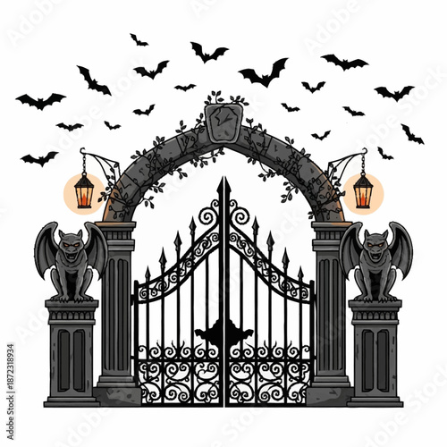 Spooky Halloween gate with gargoyles and flying bats.