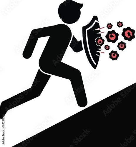 Stick figure bravely running uphill while using a protective shield to defend against incoming virus germs symbolizing health resistance