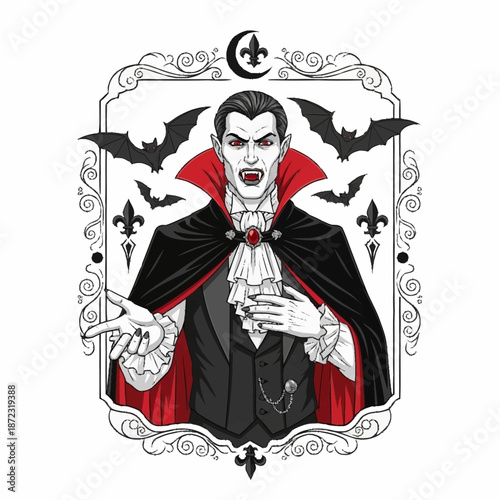 Vampire in a black and red cape with bats and a moon.