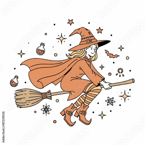Young witch flying on a broomstick with magical elements.