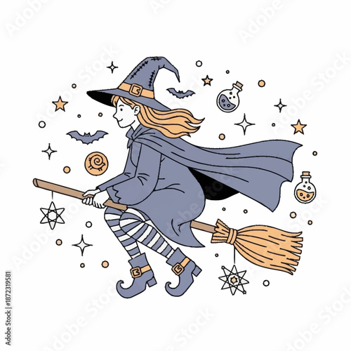 Young witch flying on a broomstick with stars and bats.