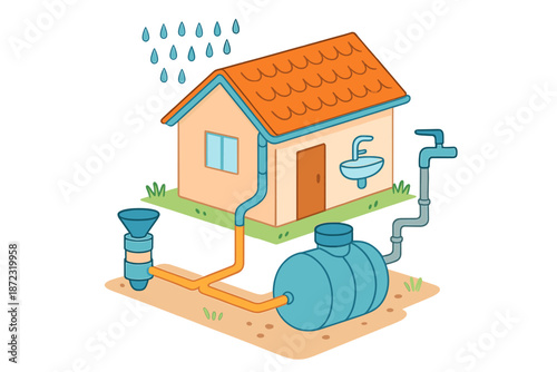Rainwater collection system design for home with pipes and storage tank for effective water management