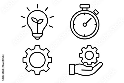 Icons representing ideas, time management, tools, and hands-on approaches in a simple graphic design