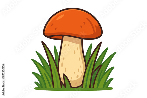 Mushroom growing in grass under clear sky in a natural setting during sunny afternoon