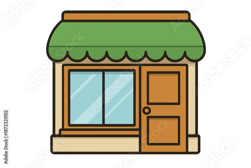 Storefront with green awning and large window shows simple design elements in a bright, welcoming setting near a busy street