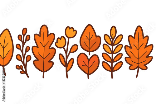Colorful autumn leaves and flowers arranged in a straight line against a white background during fall season