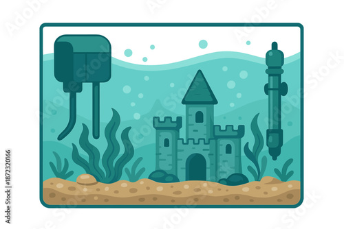 Underwater scene showing a castle with plants and equipment in a fish tank on a bright day
