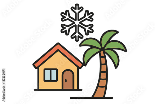 House under a snowflake and palm tree showing contrast in weather and environment in a simple design