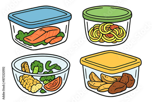 Containers with food items arranged in a grid showing different types of meals fully packed for storage and ready to eat