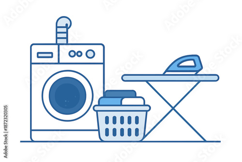 Washing clothes and ironing in a laundry room with a washing machine and an ironing board