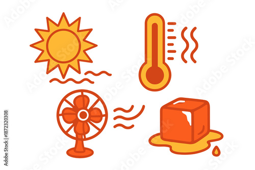 Heating up in summer with sun, thermostat, fan, and melting ice cube showing effects of high temperatures and the need for cooling
