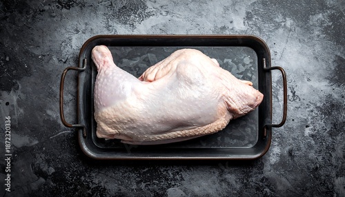 Raw Chicken Leg Quarter on Dark Tray - Fresh Poultry Preparation.