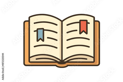 Open book with two bookmarks placed inside on the pages showing blank text