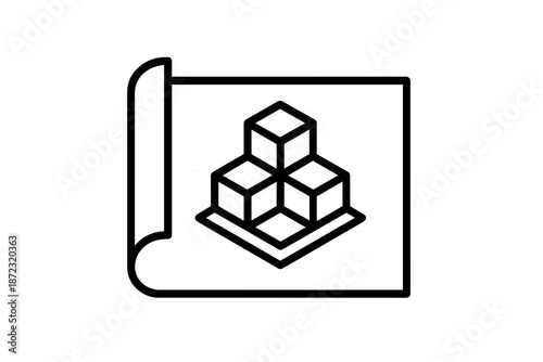 Construction blueprint showing three stacked cubes with a flat base on a paper rolled from the right side