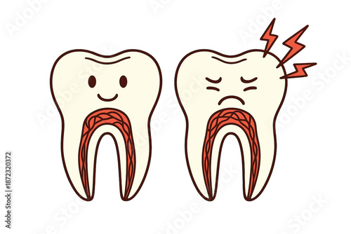 Cartoon teeth showing a happy tooth and a tooth with pain in a simple design representing dental health issues