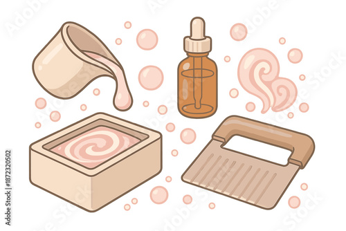 Cream and tools set for skincare routine in a simple layout on a light background with bubbles included in the design